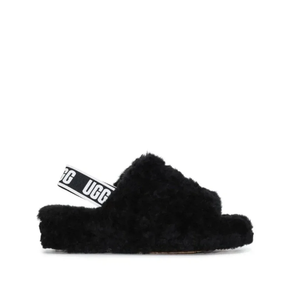 UGG Fluff Yeah Slide in Black Fur, Big Kids US Size 6, NWT